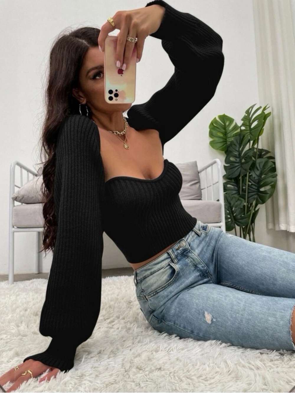 SHEIN Black Off-the-Shoulder Ribbed Sweater
